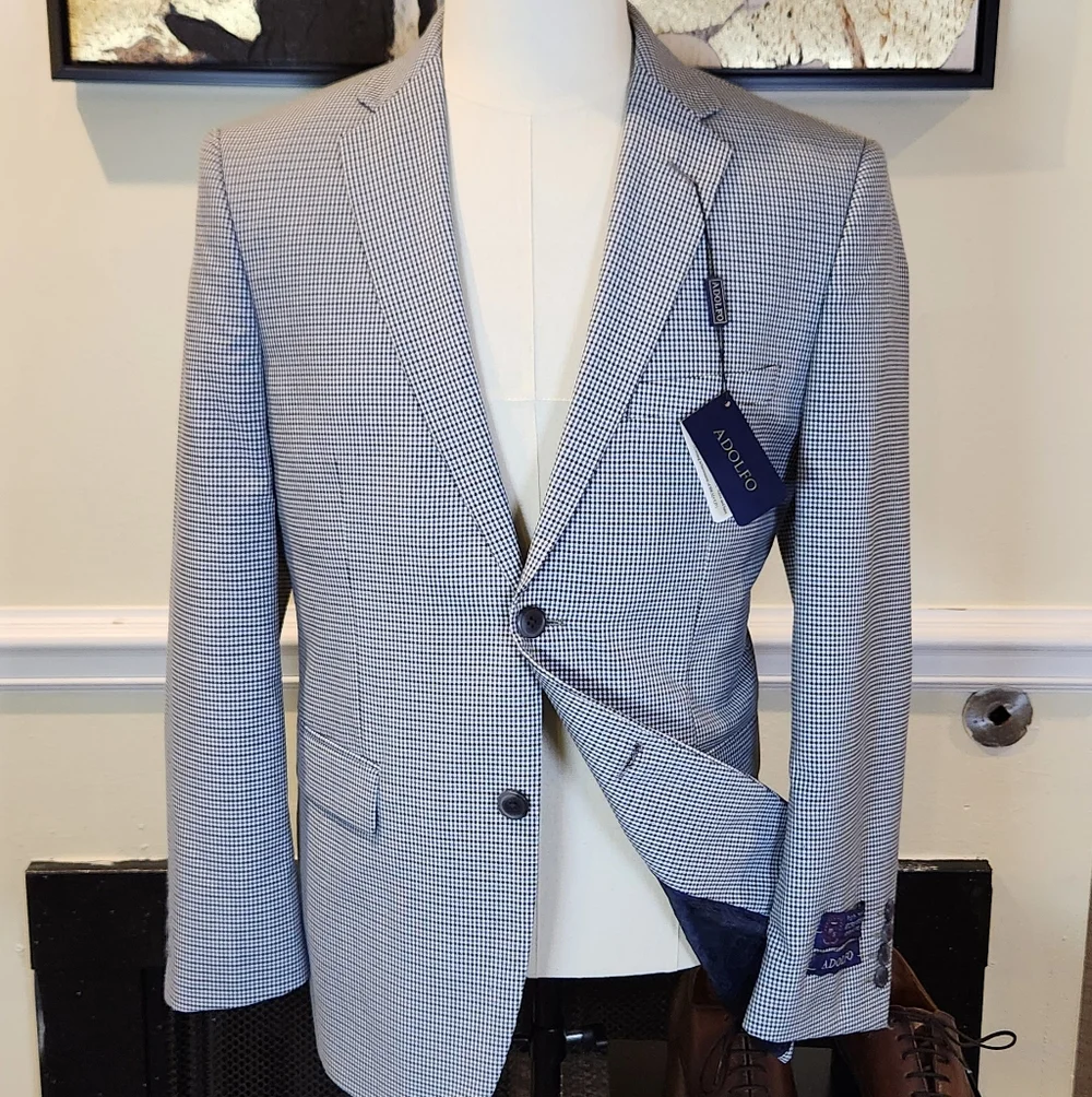ADOLFO Sky Blue Layered Check Wool Sport Coat 38S - Picture 1 of 10